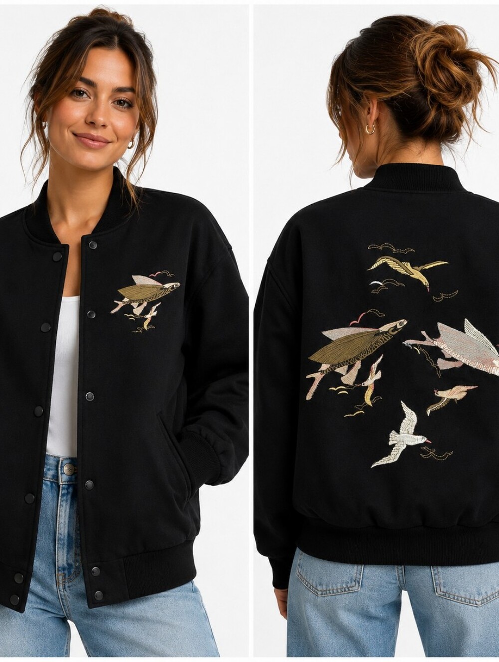 RARE Wilfred ($300) by Aritzia Embroidered Bomber Jacket Black Fish & Bird Snap